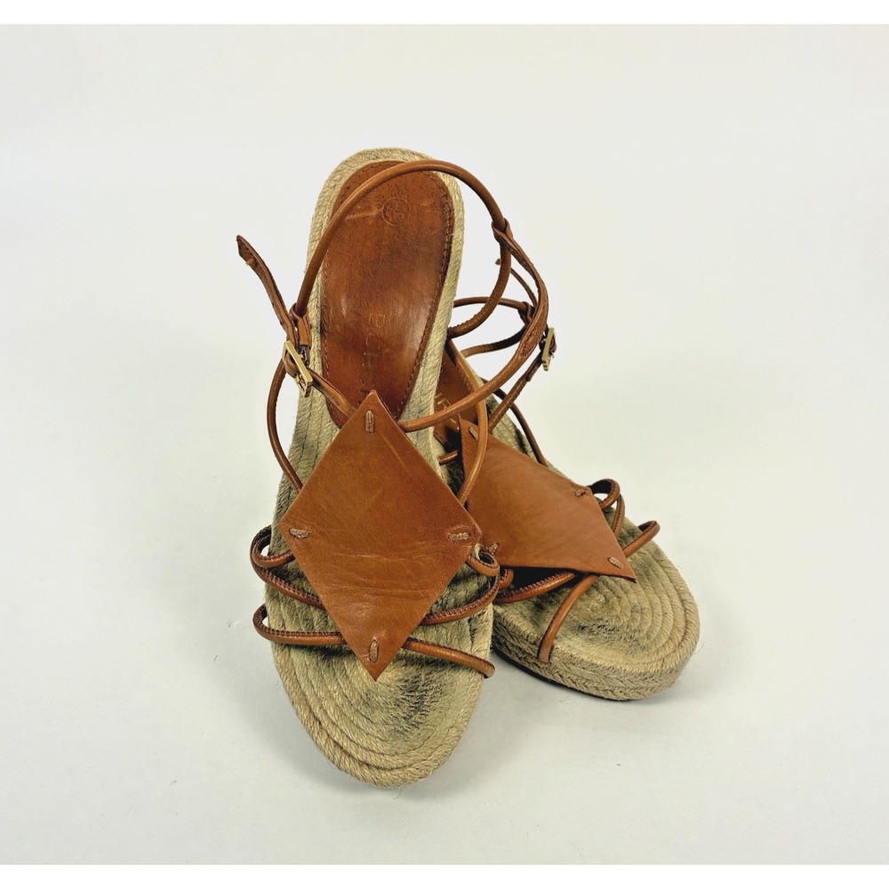 Tory Burch Brown Diamond Patch Espadrille Wedge Strappy Sandal Women's Size 7